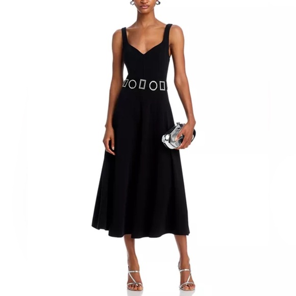 Cinq à Sept Eden Crystal-Embellished A-Line Crepe Cocktail Black Tie Midi Dress - Picture 3 of 12